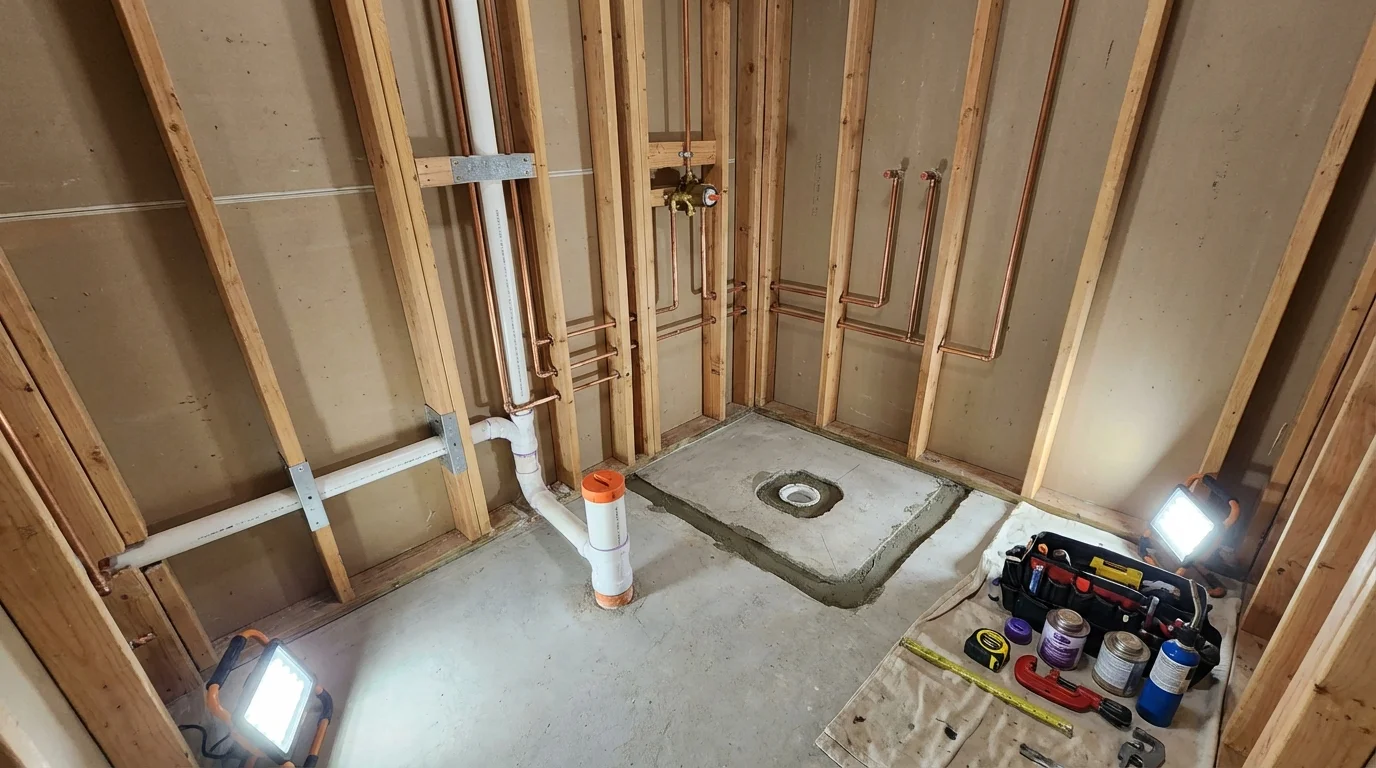 Bathroom rough-in plumbing during remodel by Johns Plumbing LLC in Oregon