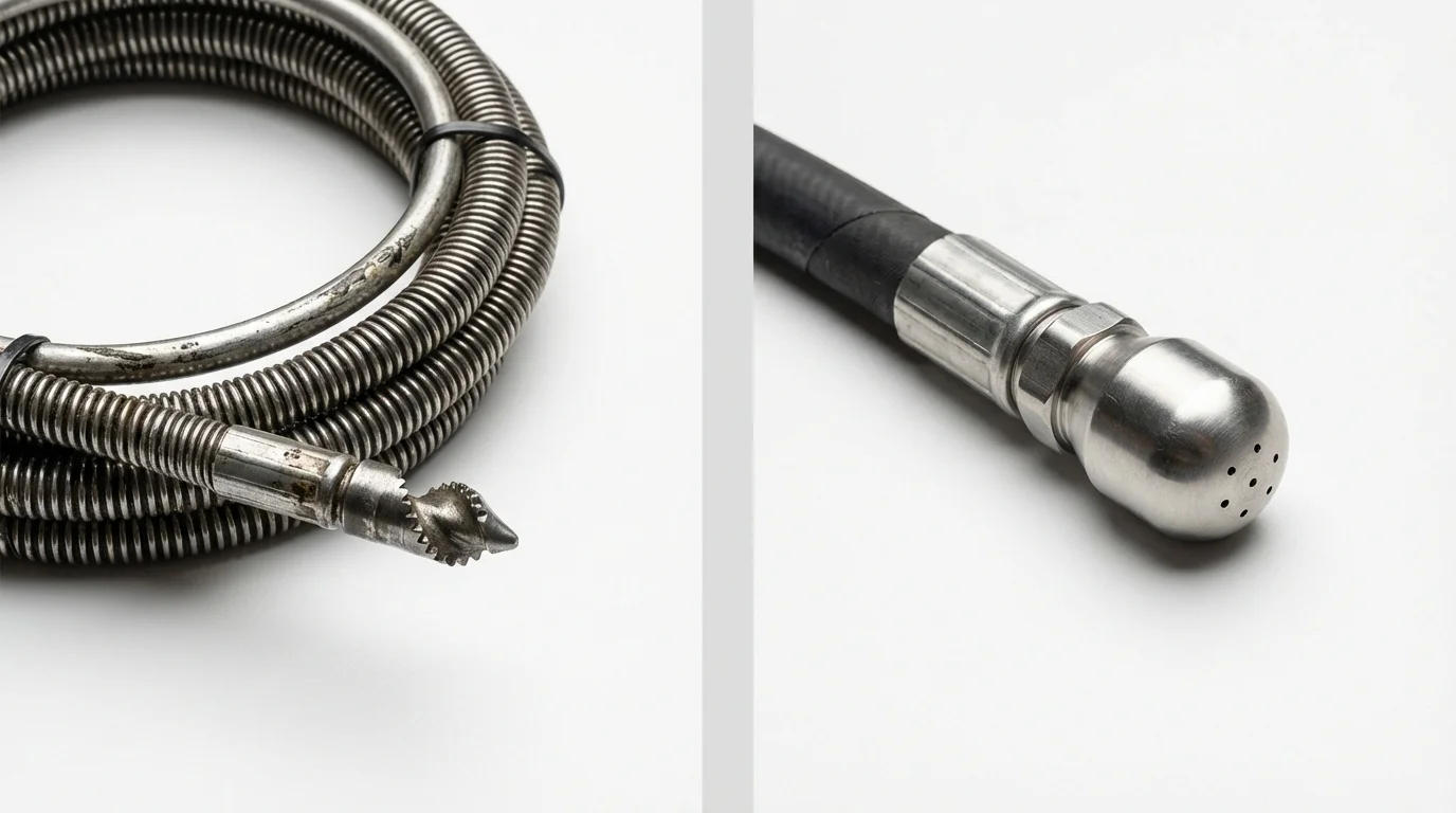 Drain snake cable and hydro jetting nozzle used for drain cleaning in Oregon, IL