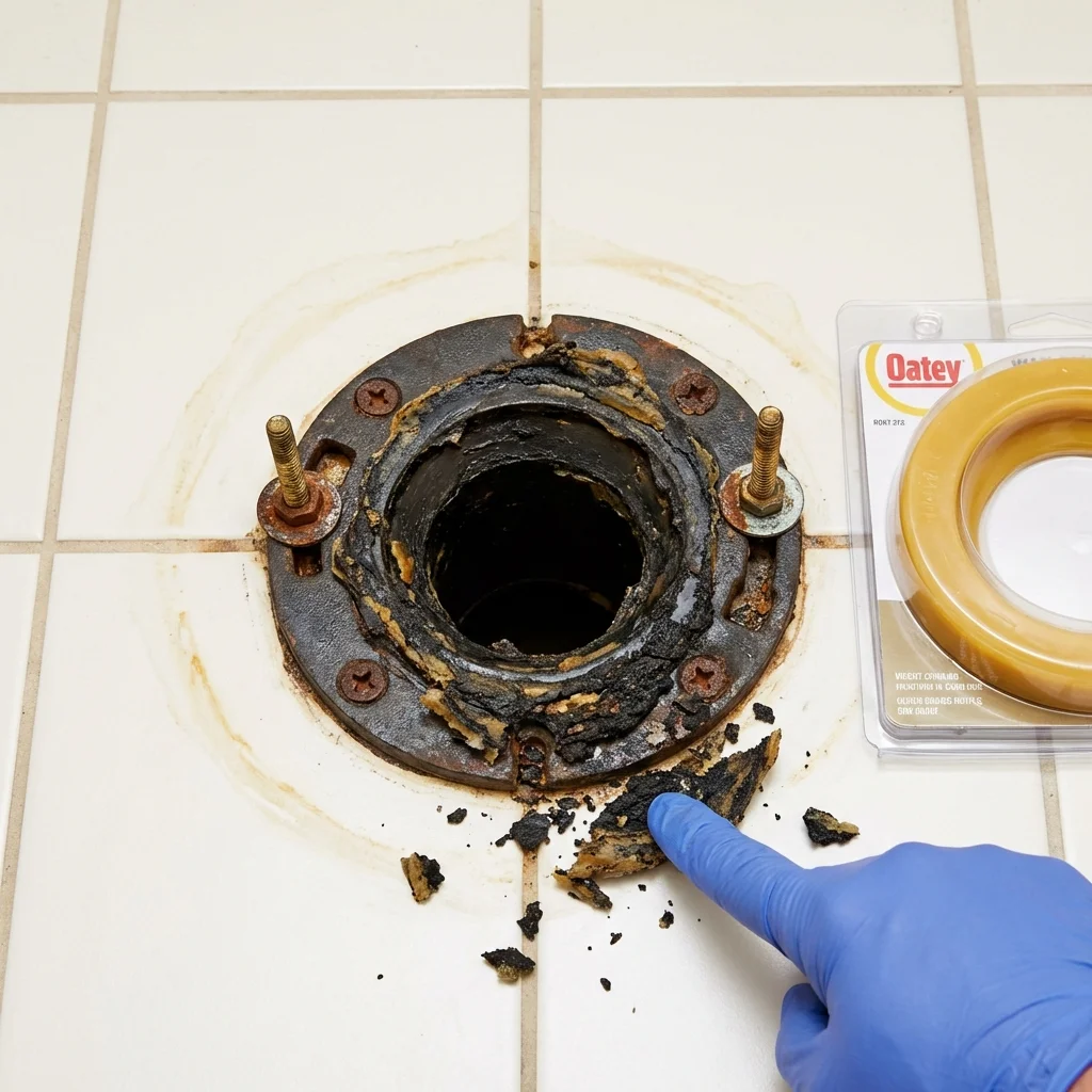 Failed wax ring showing water seepage at the base of a toilet in a Oregon, IL home
