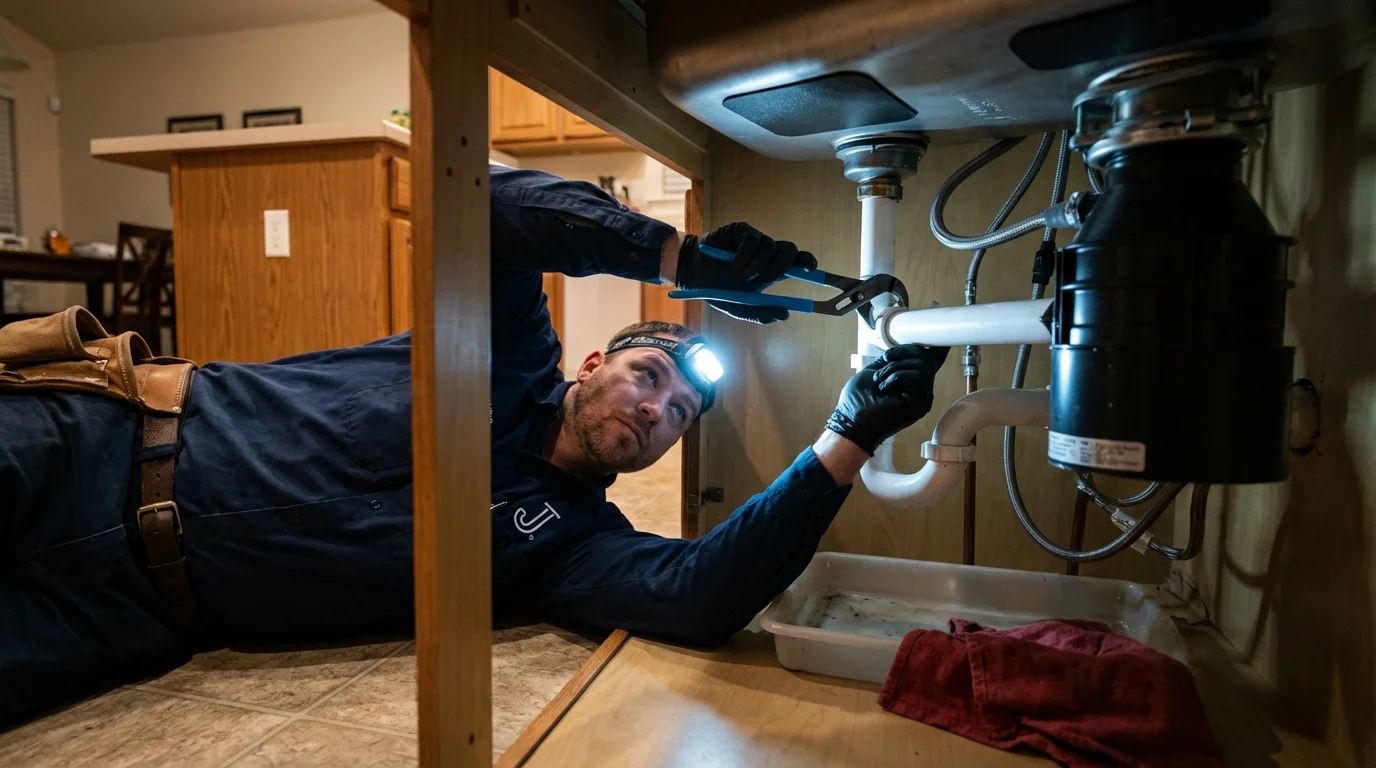 P-trap and supply line connections under a kitchen sink showing a common leak point in Oregon, IL